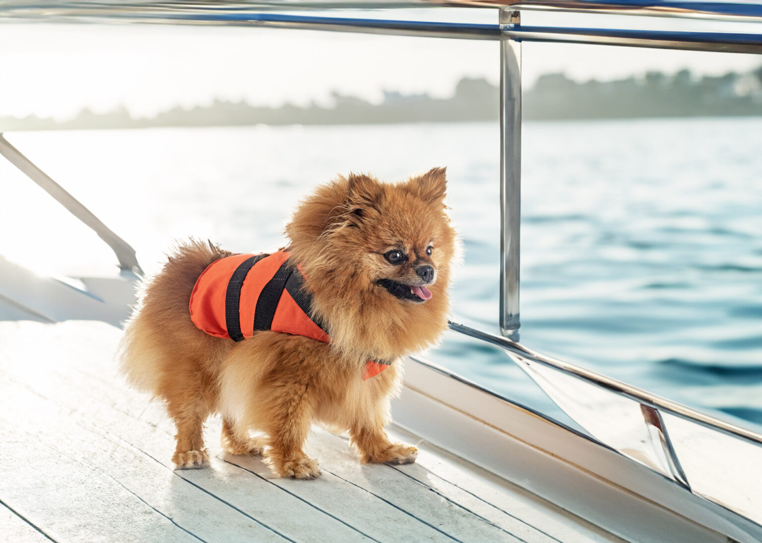 Hund steht mit Schwimmweste auf einem Boot