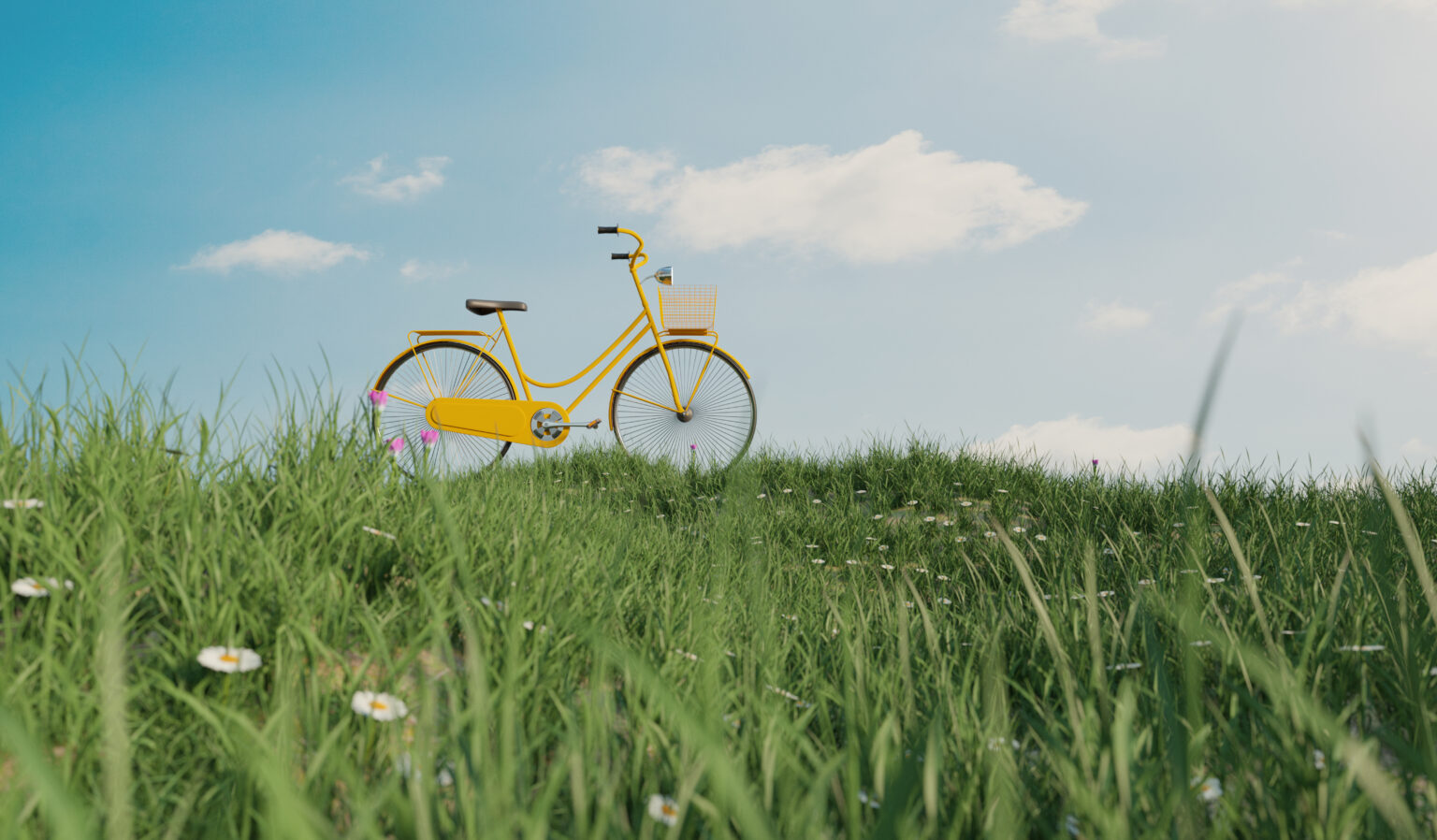 Grüne Wiese mit gelben Fahrrad