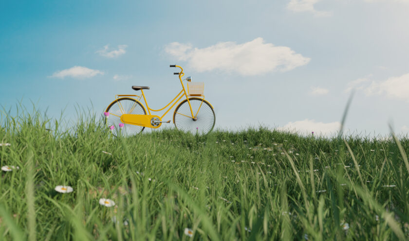 Grüne Wiese mit gelben Fahrrad