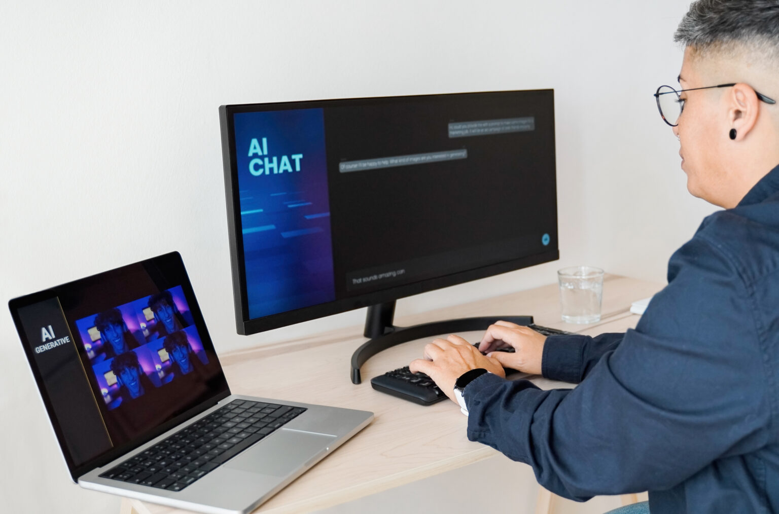 Mann mit blauem Hemd sitzt vor dem Bildschirm und schreibt auf der Tastatur. Daneben noch ein weiterer PC. Am Bildschirm AI Chat zu lesen