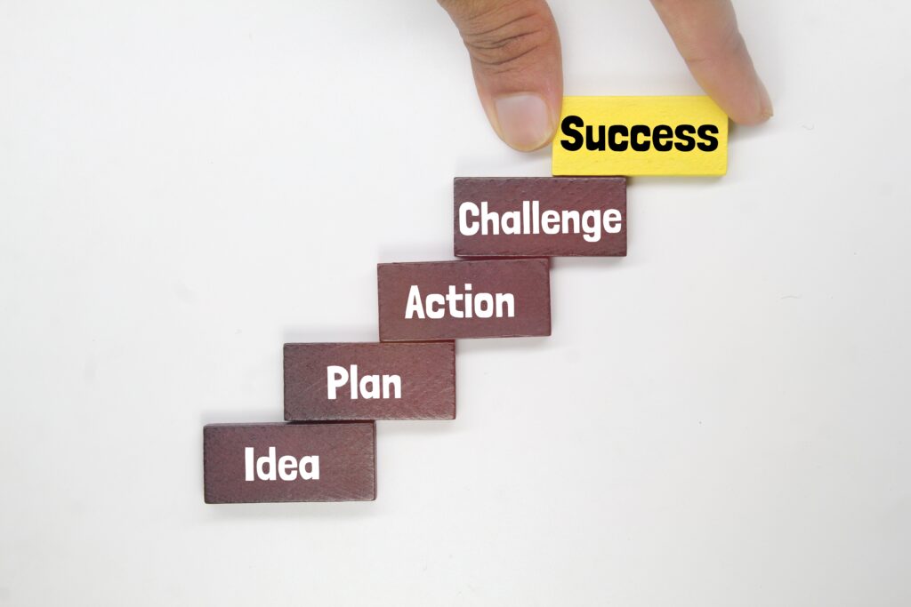 Auf weißem Hintergrund werden Memorysteine mit den Worten Idea, Plan, Action, Challenge und Success wie eine Stiege aufgereiht. Der Stein mit Success ist in geld die anderen Steine in braun