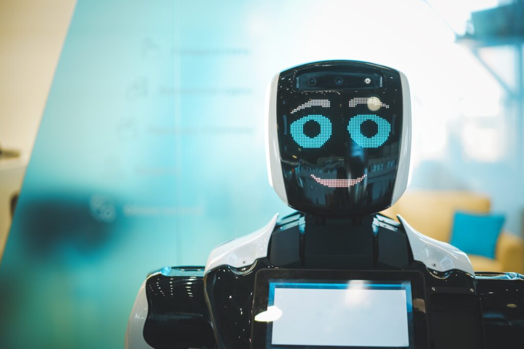 Computeranimation von einem Roboter mit blauen Augen