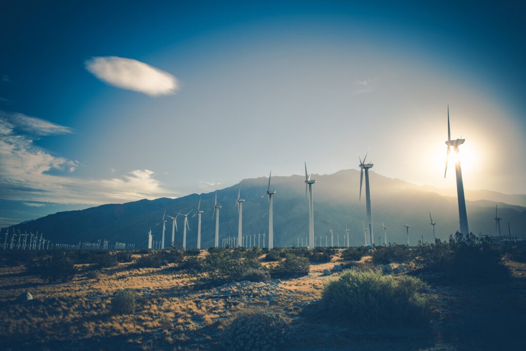 Viele Windturbine stehen auf einem Feld. Dahinter ein Sonnenuntergang und der Blick auf einen Berg