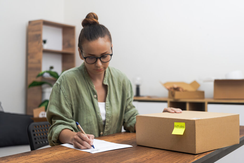 Frau mit grüner acke sitzt an einem Schreibtisch und schreibt mit einem Kugelschreiber auf einem Blatt Papier. neben ihr ein Paket mit einem gelben Etikett