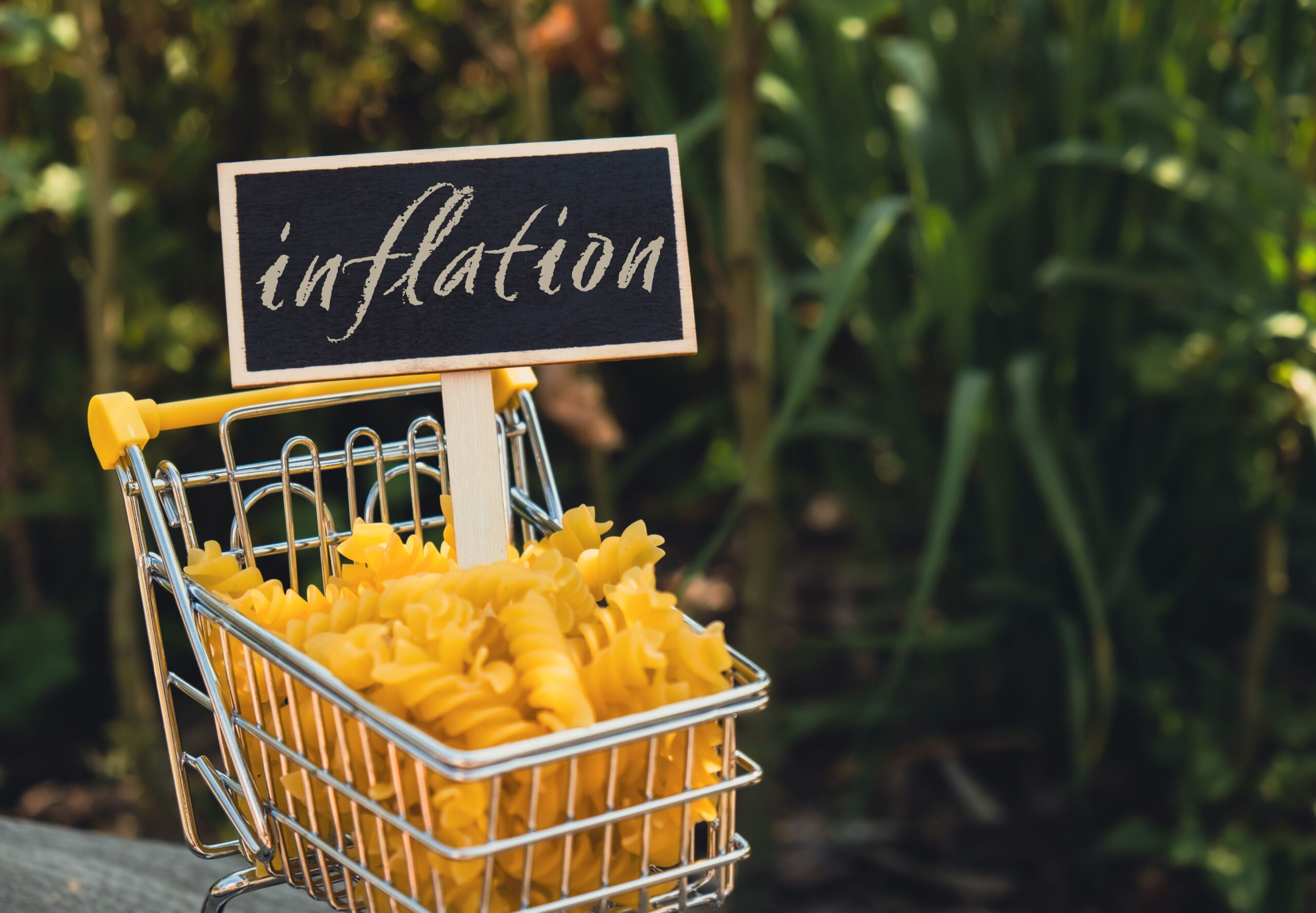 kleiner Einkaufskorb mit Nudeln gefüllt. Inflation steht auf einem Schild das im Einkaufswagen steht