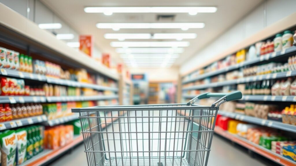Ein fast leerer Einkaufswagen in einem Supermarkt symbolisiert den schwachen Konsum in Österreich – Symbolbild, KI-erzeugt