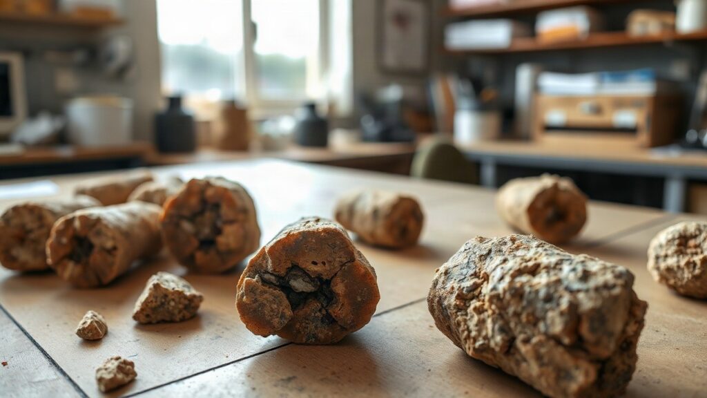 Mehrere Gesteinsbohrkerne mit sichtbaren Mineraladern liegen auf einem Labortisch, wie sie bei der Suche nach Seltenen Erden in Botswana untersucht werden – Symbolbild, KI-erzeugt