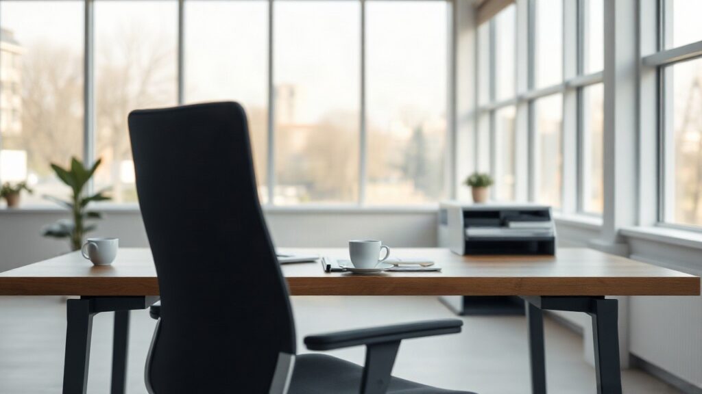 Ein leerer Schreibtisch mit Laptop in einem modernen Büro symbolisiert die Debatte um KI Jobverlust bei Berufseinsteigern – Symbolbild, KI-erzeugt