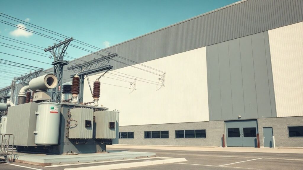 A close-up of an industrial electrical substation with transformers and high-voltage cables next to a large modern warehouse or data center building, daylight, no people, no text, – Symbolbild, KI-erzeugt