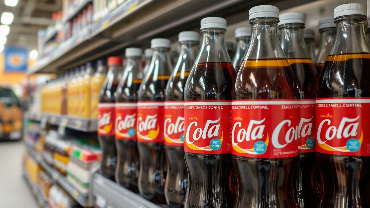 Nahaufnahme eines Supermarktregals mit mehreren Flaschen zuckerhaltiger Getränke wie Cola und Eistee, Querformat, keine Personen, keine Zahlen oder Diagramme im Bild – Symbolbild, KI-erzeugt
