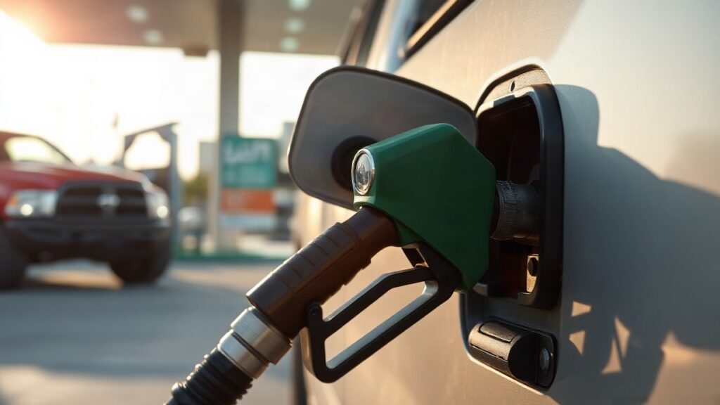 A diesel fuel nozzle inserted into the tank of a parked pickup truck at a roadside gas station in the United States, close-up on the nozzle and tank opening, soft late afternoon su – Symbolbild, KI-erzeugt