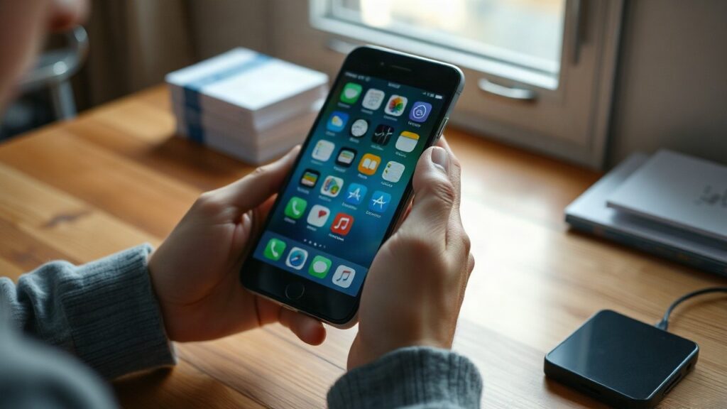 A teenager's hands holding a smartphone with blurred, unreadable app icons on the screen, sitting at a wooden desk near a window, soft natural daylight, close-up, landscape 16:9, n – Symbolbild, KI-erzeugt