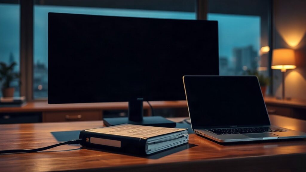 A tidy modern office desk at dusk with a dark switched-off computer monitor, a closed laptop, and a printed binder labeled with blank tabs lying next to an unplugged network cable, – Symbolbild, KI-erzeugt