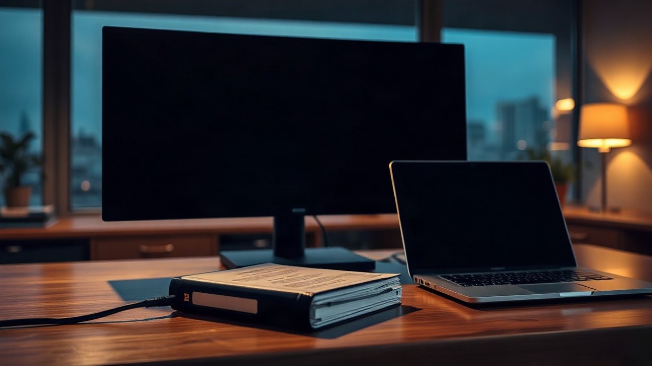 A tidy modern office desk at dusk with a dark switched-off computer monitor, a closed laptop, and a printed binder labeled with blank tabs lying next to an unplugged network cable, – Symbolbild, KI-erzeugt