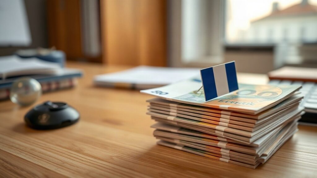 Ein Stapel Euro-Banknoten neben einer kleinen französischen Flagge auf einem Schreibtisch symbolisiert die hohen Frankreich Staatsschulden – Symbolbild, KI-erzeugt