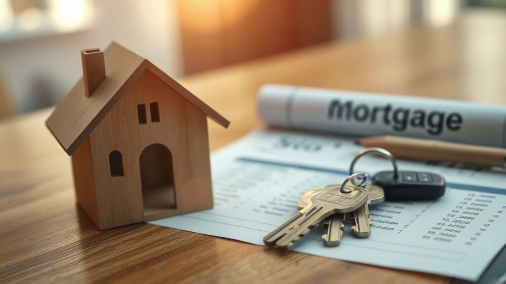 A wooden model house and a set of house keys placed on a wooden desk next to blurred mortgage documents, warm indoor afternoon light, close-up photography, shallow depth of field, – Symbolbild, KI-erzeugt