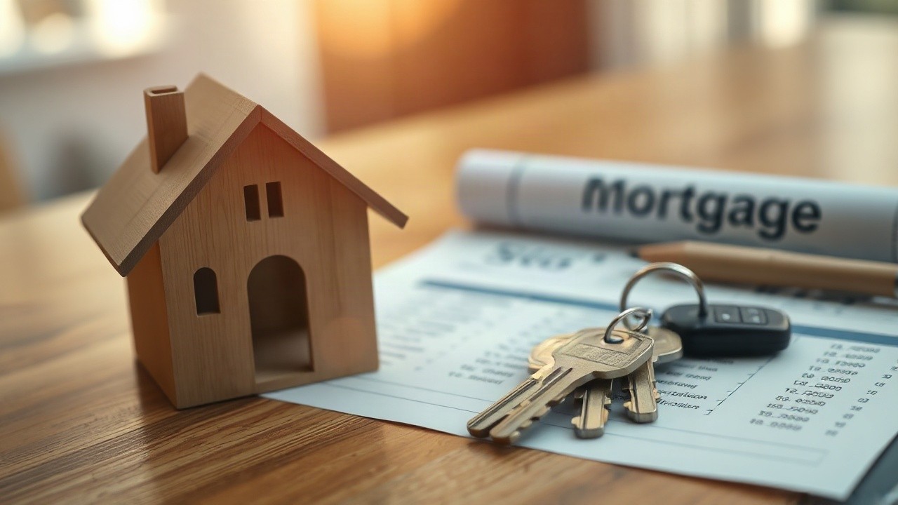 A wooden model house and a set of house keys placed on a wooden desk next to blurred mortgage documents, warm indoor afternoon light, close-up photography, shallow depth of field, – Symbolbild, KI-erzeugt