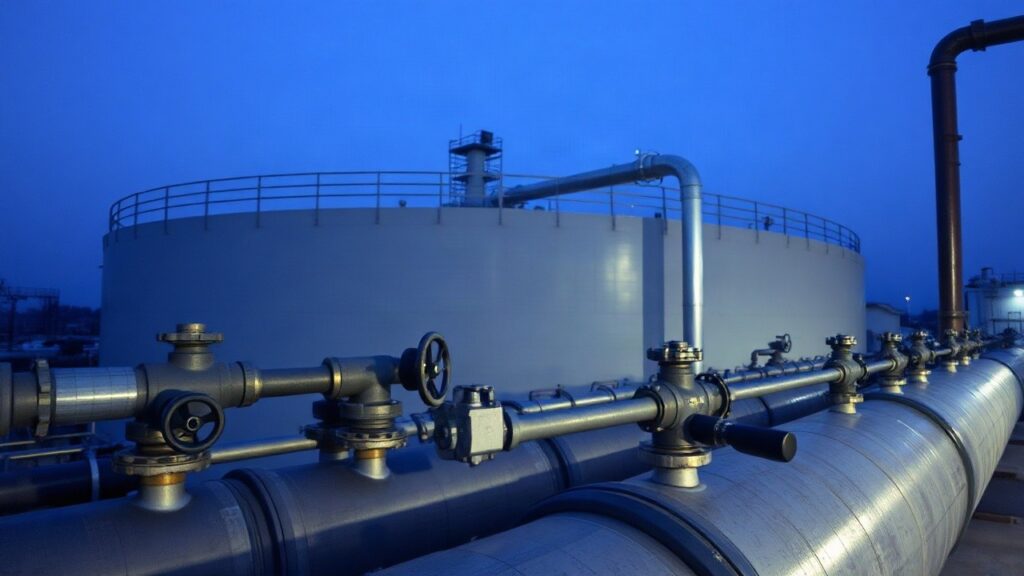 Industrielle Gasspeicheranlage mit Rohren und Ventilen im Abendlicht, Symbolbild zu den Gasmangel-Zahlen in Europa – Symbolbild, KI-erzeugt