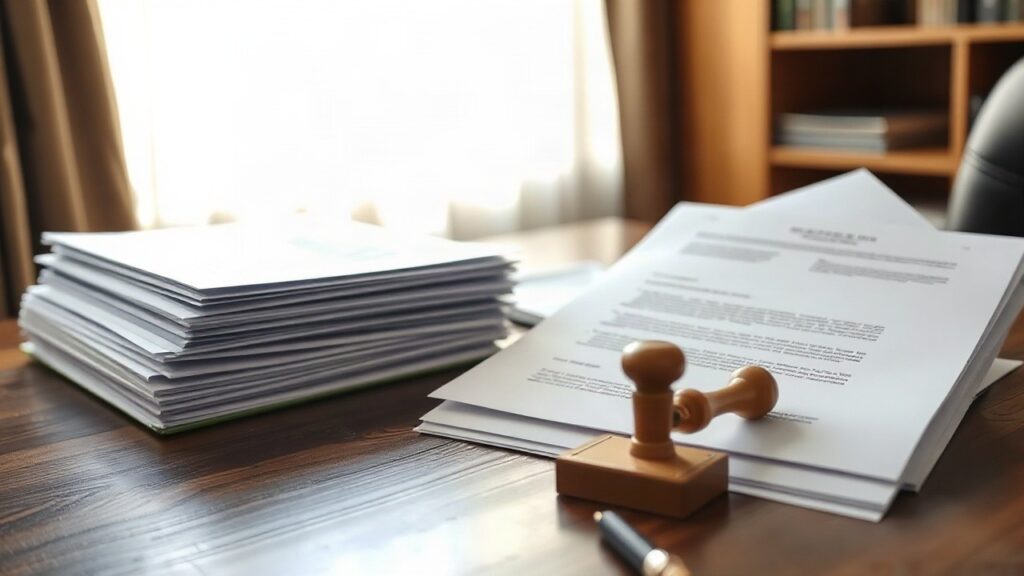 A stack of official paper forms and folders on a wooden office desk, a rubber stamp lying beside them, soft morning light coming through a window, no visible text on the documents, – Symbolbild, KI-erzeugt
