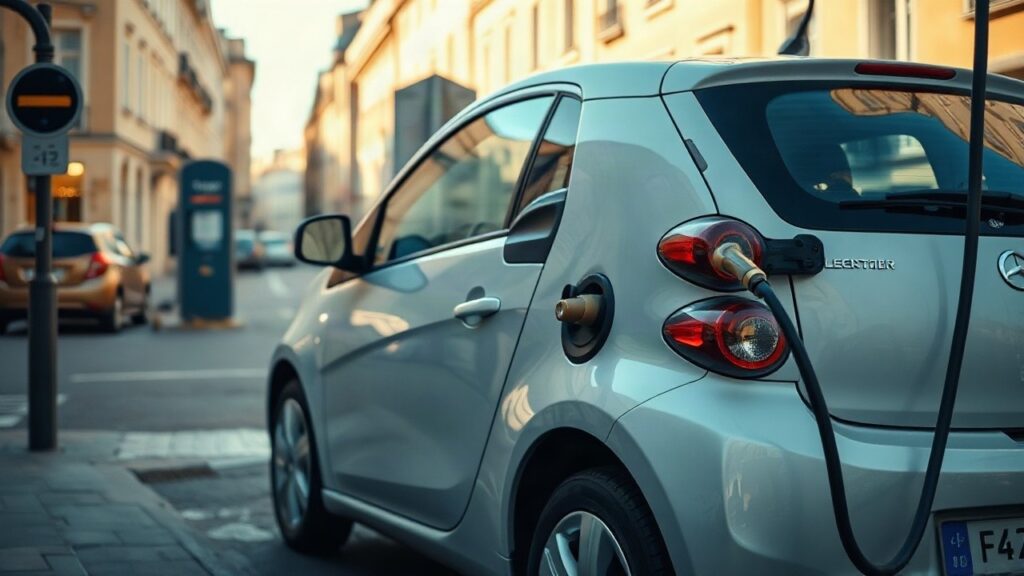 Ein kompaktes Elektroauto an einer Ladesäule steht sinnbildlich für die günstigen Stellantis Konzeptautos wie das Citroën 2 CV Concept – Symbolbild, KI-erzeugt