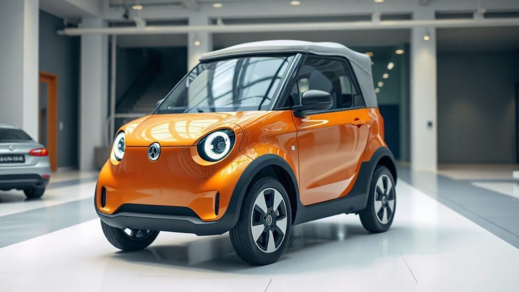 Ein kompaktes orangefarbenes Elektroauto-Konzept mit rundem Scheinwerfer steht für den niedrigen E-Auto-Preis der neuen Citroën-Ente – Symbolbild, KI-erzeugt