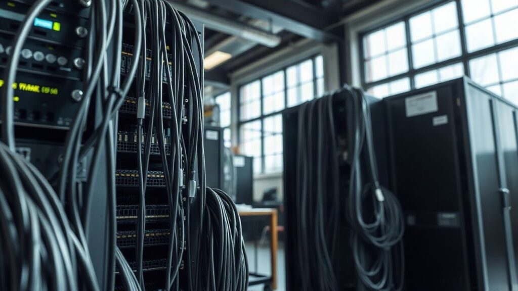 Elektronische Bauteile und Kabel in einer Fertigungshalle stehen sinnbildlich für das Auftragsplus der Elektroindustrie – Symbolbild, KI-erzeugt