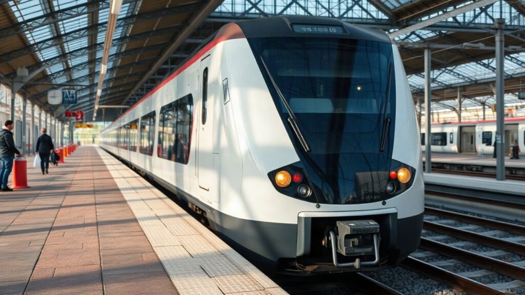 Ein moderner Zug steht am Bahnsteig, passend zum Thema Hyundai Rotem Gewinn im dritten Quartal – Symbolbild, KI-erzeugt