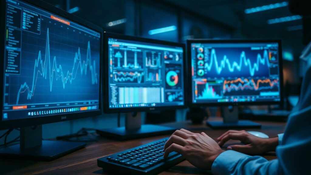 A close-up of a forensic analyst's desk at night with multiple computer monitors displaying abstract data visualizations and network graphs, blue ambient light, no visible text or – Symbolbild, KI-erzeugt