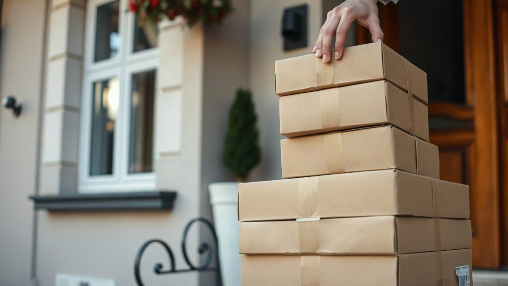 A stack of cardboard parcels on a doorstep in front of an Austrian apartment building, close-up, soft morning light, no text or logos visible, anonymous hand placing one more parce – Symbolbild, KI-erzeugt