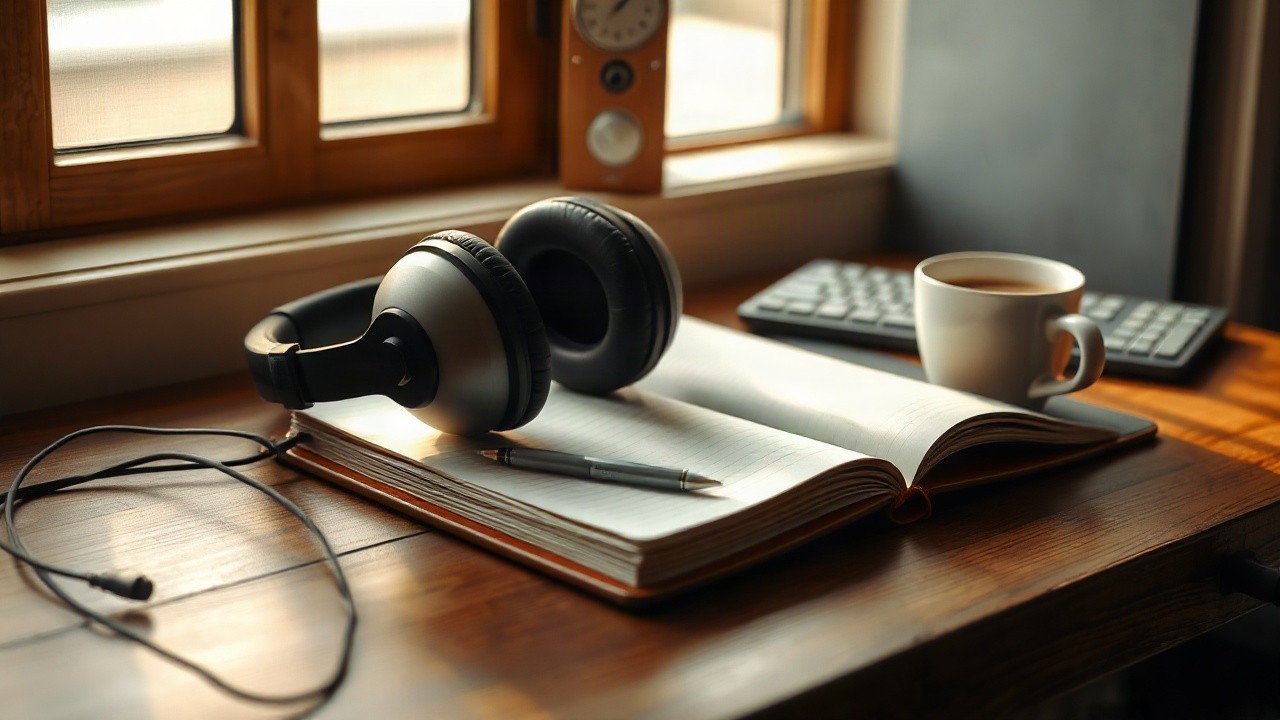 A pair of large studio headphones resting on a wooden desk next to an open notebook and a cup of coffee, warm afternoon light coming through a window, close-up, no people, no text – Symbolbild, KI-erzeugt