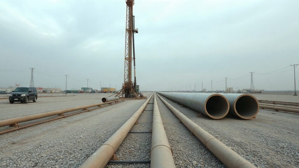 A wide industrial drilling site in a flat new urban development area, tall steel drilling rig structure, thick insulated pipes running across gravel ground, early morning soft ligh – Symbolbild, KI-erzeugt