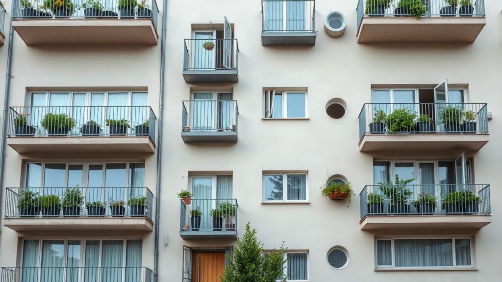 Moderne Wohnhausfassade in Österreich, in der Mieten gemeinnütziger Wohnungen laut Studie günstiger ausfallen – Symbolbild, KI-erzeugt