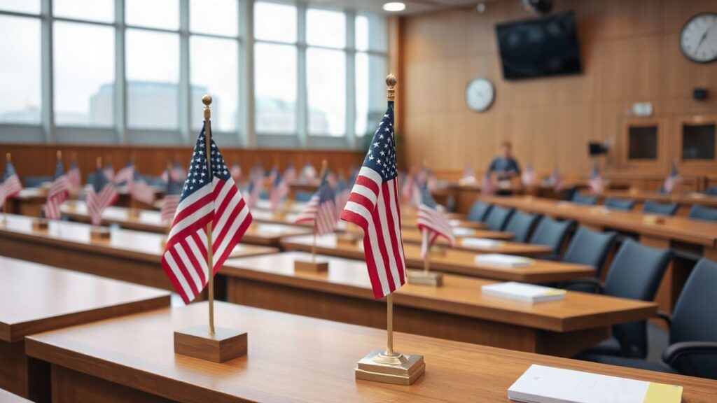 A row of small American flags on wooden desks in an empty town-hall style meeting room, soft overcast daylight through large windows, close-up on one flag in focus, no people, no t – Symbolbild, KI-erzeugt
