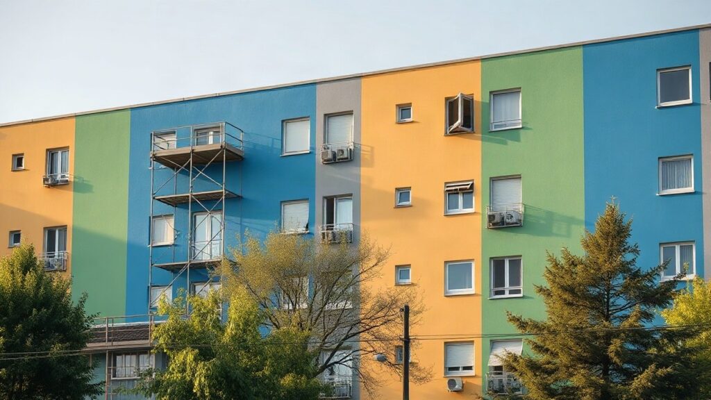 A residential housing block facade in a 1920s modernist style with colorful painted walls in yellow, blue and green, scaffolding partially visible on one side, trees in front, soft – Symbolbild, KI-erzeugt