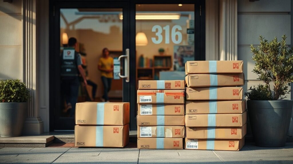 Gestapelte Versandpakete vor einem Ladeneingang verdeutlichen, wie die 280 Millionen Euro schwere Paketsteuer Handel und Kunden betrifft – Symbolbild, KI-erzeugt