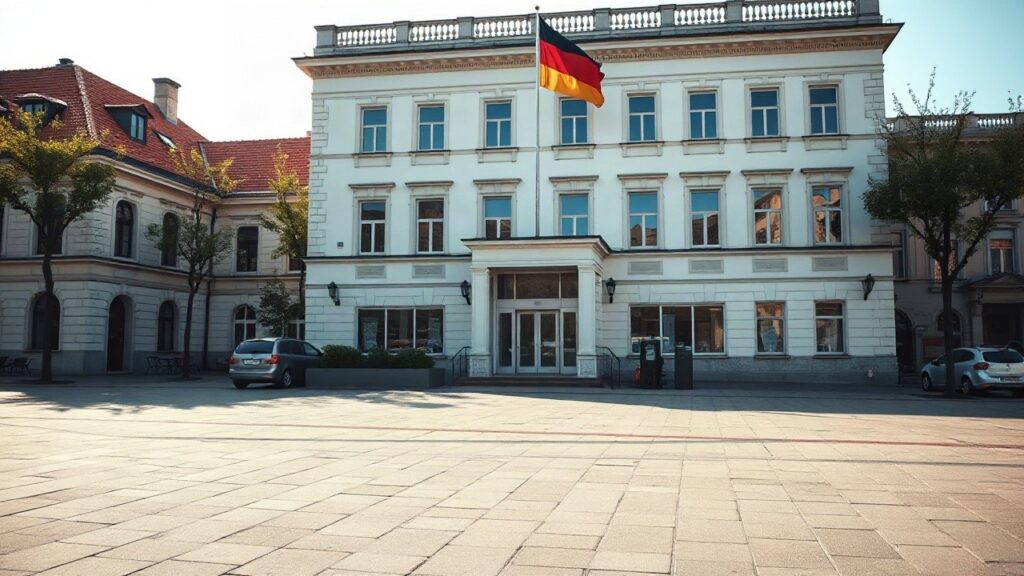 Rathausfassade am Morgen symbolisiert die angespannte Lage der Kommunalfinanzen in Deutschland – Symbolbild, KI-erzeugt