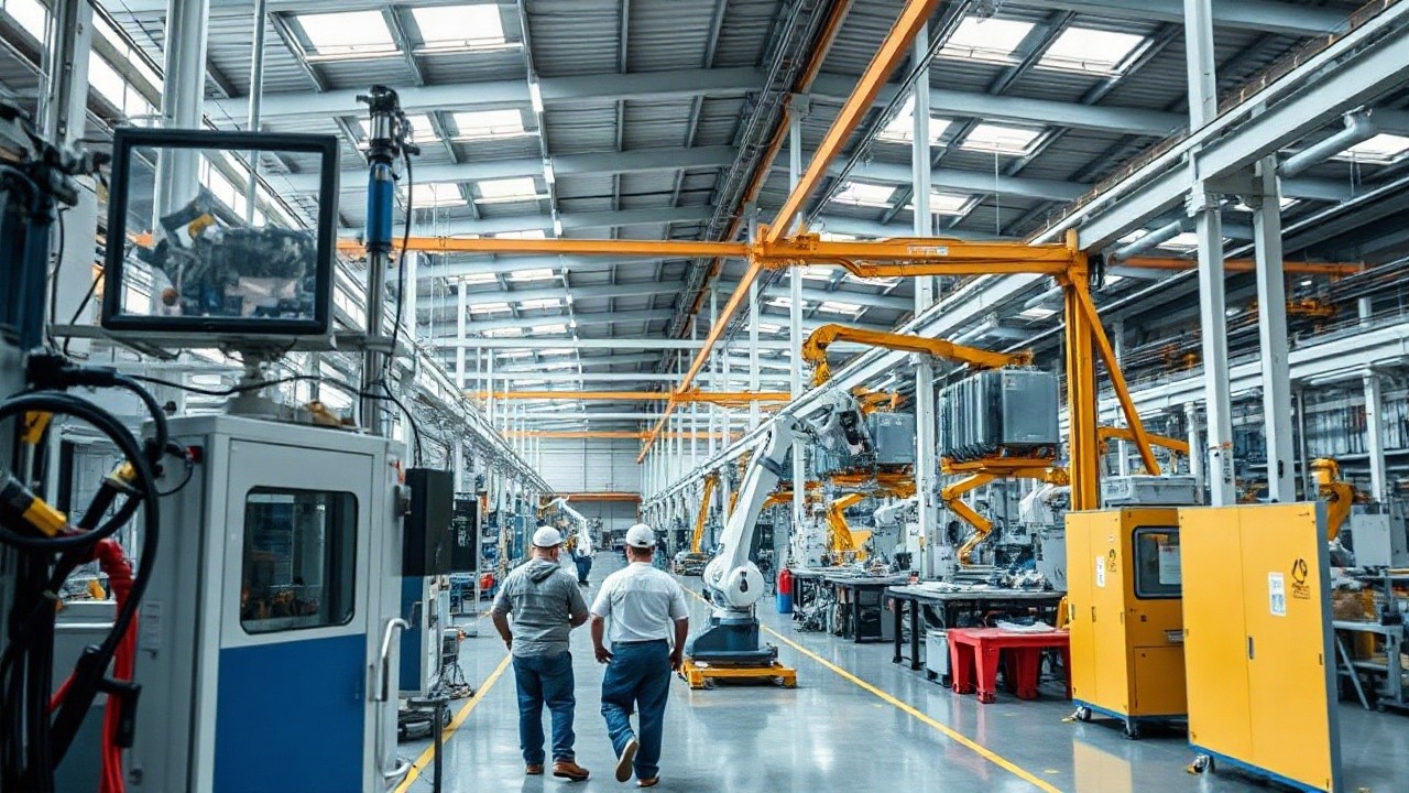 Eine moderne Industriehalle oder Fertigungsanlage mit Robotik und Automatisierungstechnik, nah und formatfüllend im Querformat, keine Personen im Vordergrund, kein Diagramm, keine – Symbolbild, KI-erzeugt