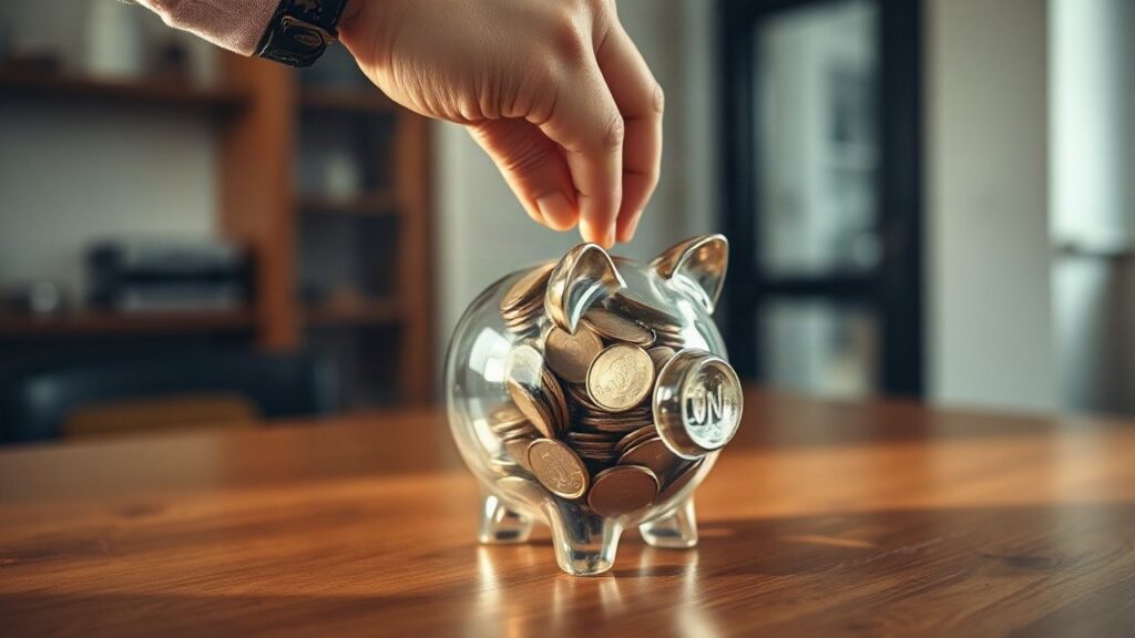 Eine Hand steckt Münzen in ein Sparschwein, symbolisch für die steigenden Sparzinsen zum Weltspartag in Österreich – Symbolbild, KI-erzeugt