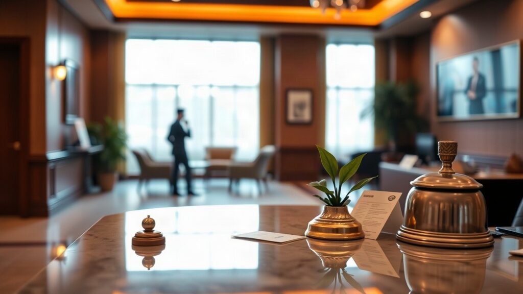 Eine Hotel-Rezeption mit Schlüsselkarten steht sinnbildlich für Jobs bei einem Hotellerie-Arbeitgeber wie ARCOTEL Hotels – Symbolbild, KI-erzeugt