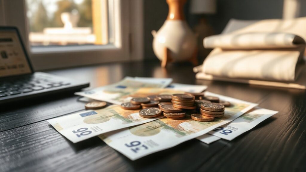 Close-up photo of euro banknotes and coins spread out on a dark wooden desk, soft natural morning light from a window, shallow depth of field, no people, no digits or charts visibl – Symbolbild, KI-erzeugt