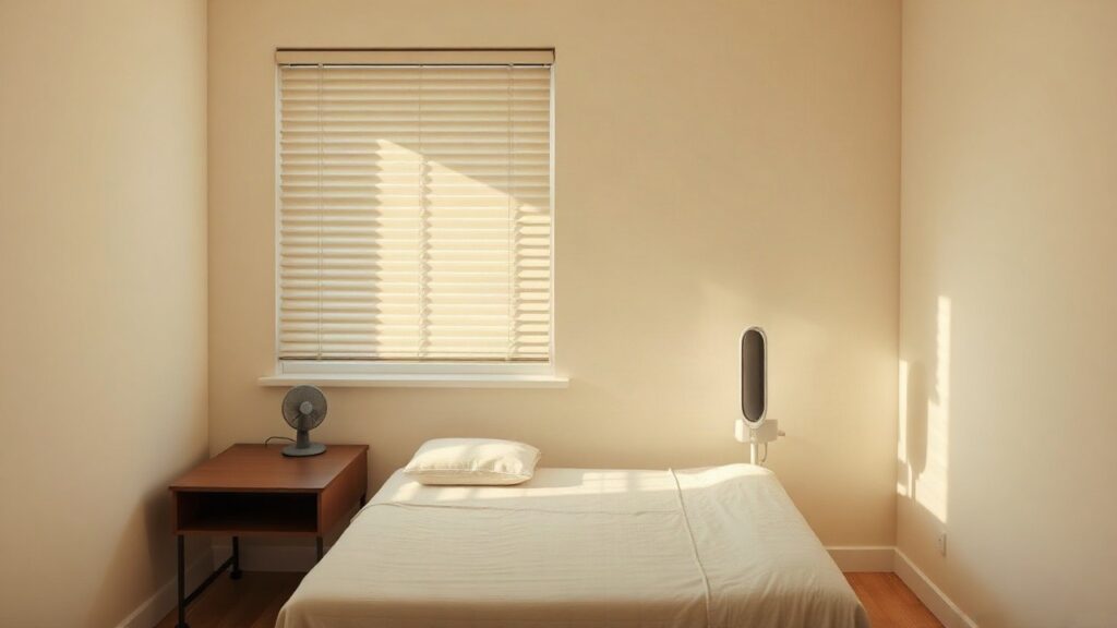 A quiet room in a senior care home with a closed window shutter casting warm afternoon light across a simple bed and nightstand, a small electric fan in the corner, no people, no t – Symbolbild, KI-erzeugt