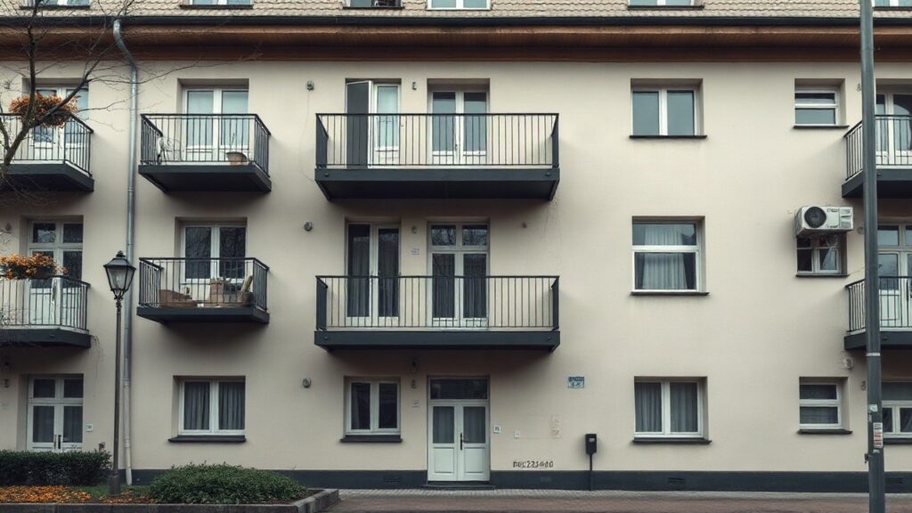 A residential apartment building facade in Berlin, Altbau style with balconies, seen from the street in soft overcast daylight, no people visible, no text or numbers, wide horizont – Symbolbild, KI-erzeugt