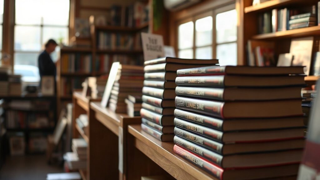 Ein Bücherstapel in einer Buchhandlung zeigt, wie stark die Nobelpreis-Verkaufszahlen nach der Auszeichnung steigen können – Symbolbild, KI-erzeugt