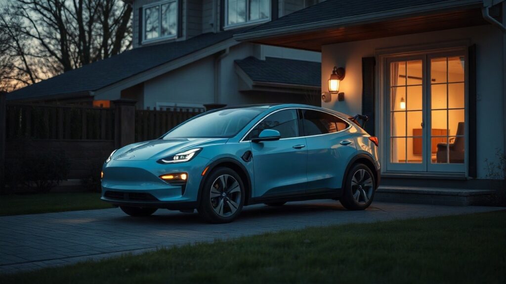 Ein Elektroauto lädt in der Einfahrt eines Wohnhauses, während der E-Auto-Anteil am deutschen Pkw-Bestand noch gering ist – Symbolbild, KI-erzeugt