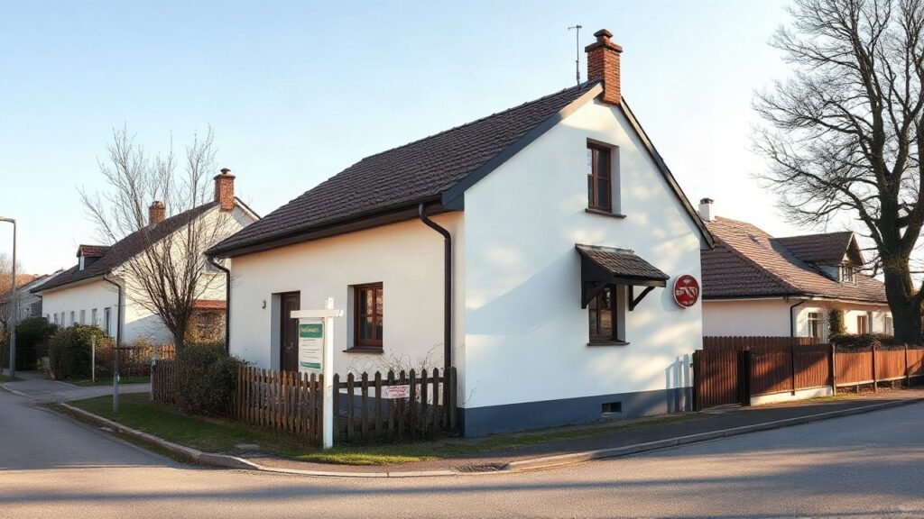 Ein Einfamilienhaus mit Verkaufsschild steht sinnbildlich für die steigenden Hauspreise in Klagenfurt – Symbolbild, KI-erzeugt