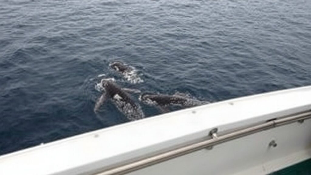 A pod of whales swimming near the ocean surface in the open South Atlantic, seen from a boat deck, overcast daylight, wide seascape, no people visible, no text, no diagrams – Symbolbild, KI-erzeugt