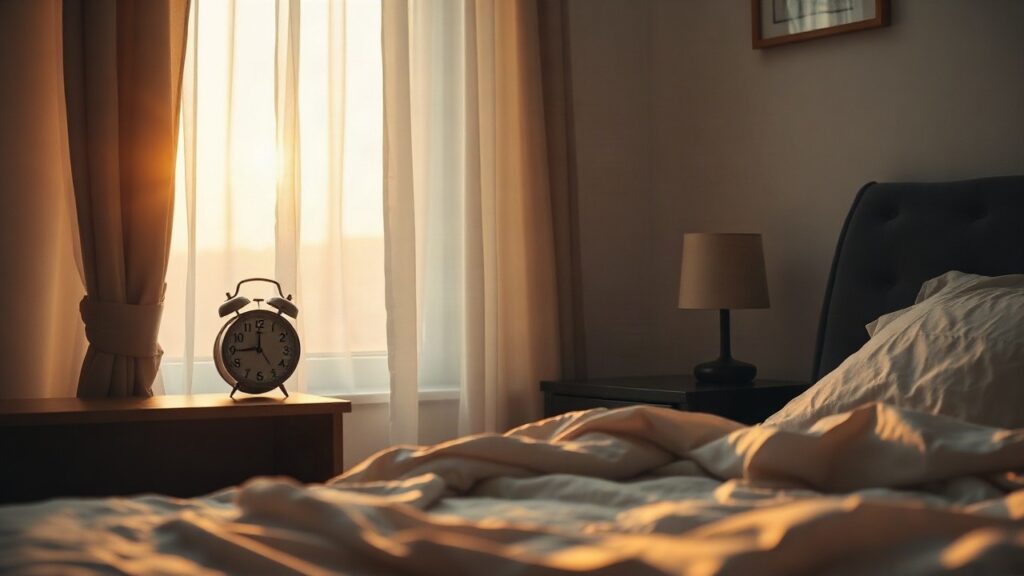 Ein Wecker auf einem Nachttisch im Morgenlicht symbolisiert den Social Jetlag zwischen biologischer Uhr und Arbeitszeit – Symbolbild, KI-erzeugt
