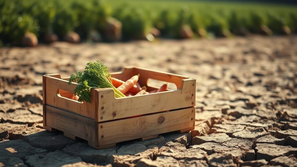 Eine Kiste mit wenigen Karotten und Zwiebeln steht auf trockenem, rissigem Ackerboden als Folge der Trockenheit bei der Gemüseernte – Symbolbild, KI-erzeugt