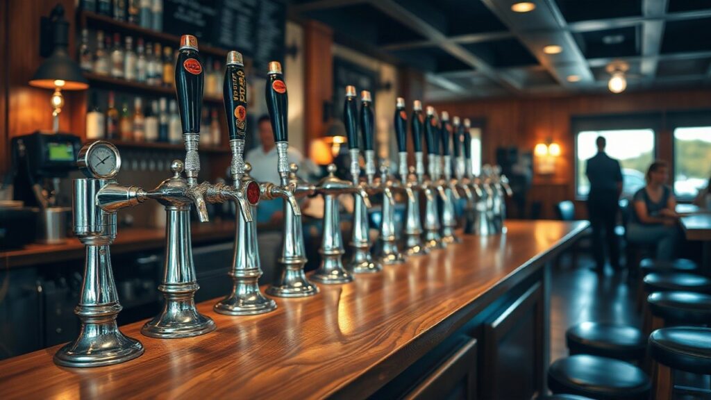 A row of beer taps on a wooden bar counter in an Austrian pub, close-up, warm interior lighting, no people, no text, no logos – Symbolbild, KI-erzeugt