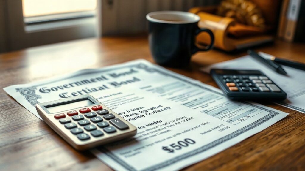 A close-up photograph of a printed government bond certificate and a calculator lying on a wooden desk next to a cup of coffee, soft morning light from a window, shallow depth of f – Symbolbild, KI-erzeugt